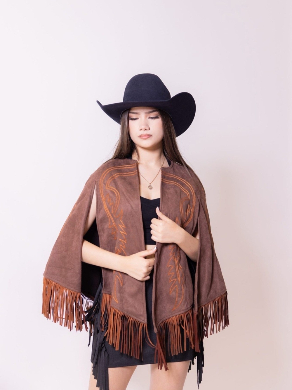 Lucky & Blessed Bootstitch Fringe Cape Rust Embroidery